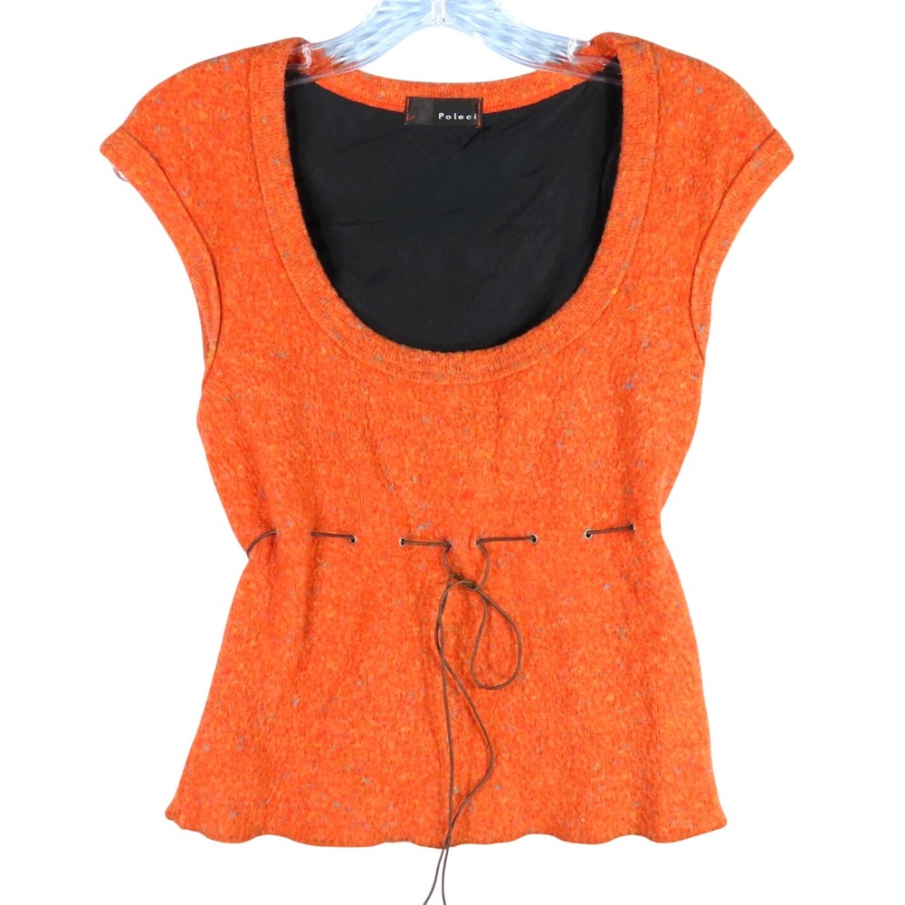 POLECI Earthy Orange Flecked SLEEVELESS SWEATER Lined Wool Blend TIE WAIST sz L
